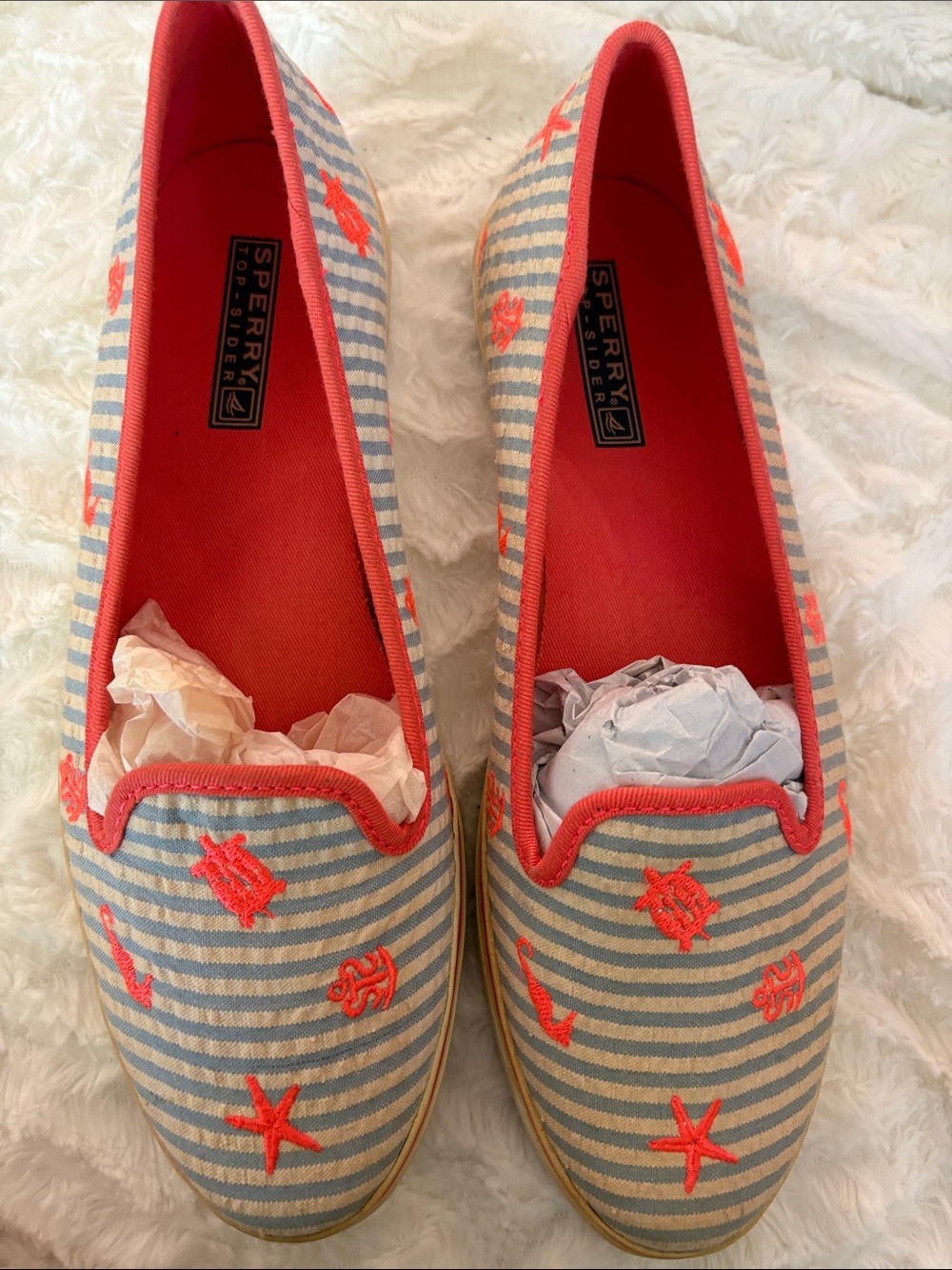 Sperry Blue & Coral Striped Canvas Slip-Ons
